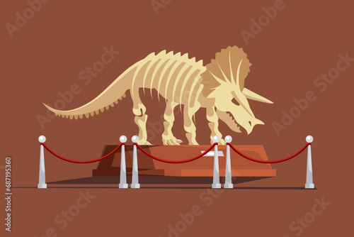 Paleontology museum with dinosaur fossils vector illustration. Cartoon paleontological exhibition with prehistoric triceratops skeleton. Historical artefacts and sculls on pedestals. Science concept