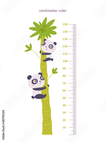 Kids height ruler in centimeters with palm and pandas for growth measure. Cute cartoon vector illustration isolated on white background. Children wall sticker for kindergarten or home