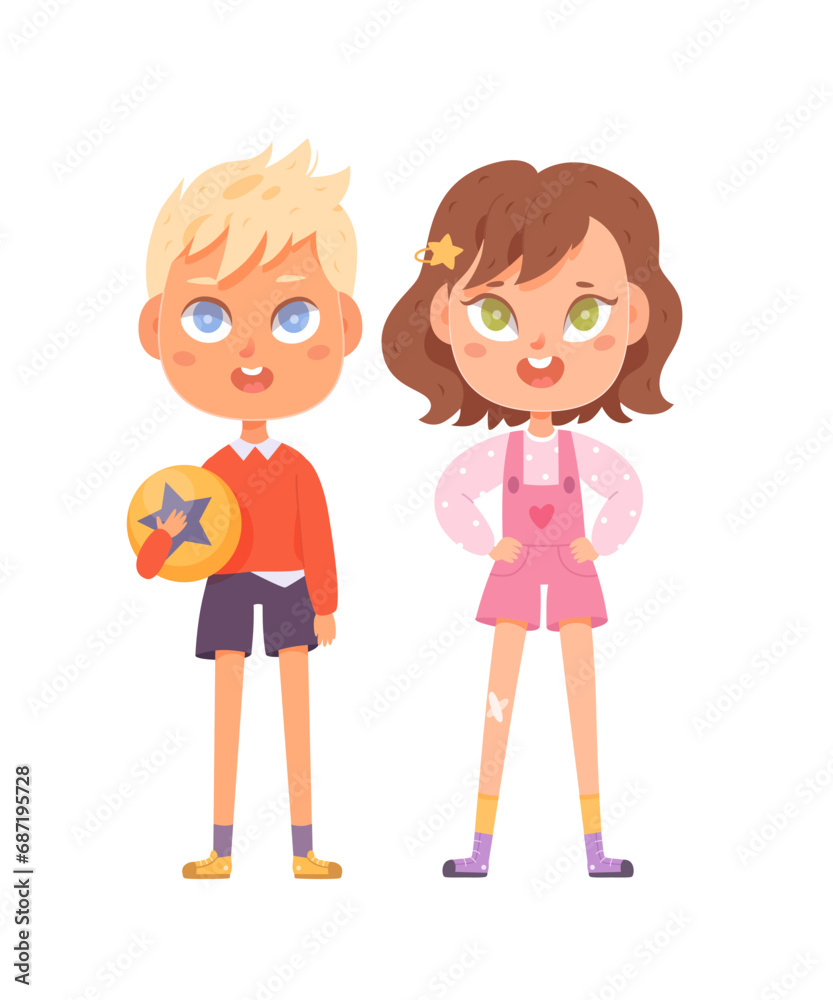 Happy girl and boy cartoon vector illustration. Cute smart adorable young friends. Students after school. Concept of joyful healthy childhood and friendship