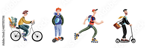 Eco city transport vector illustrations set. Modern urban street vehicles. Happy male young cartoon characters ride. Men on bicycle, gyroscooter, roller skates, scooter. Green traffic concept