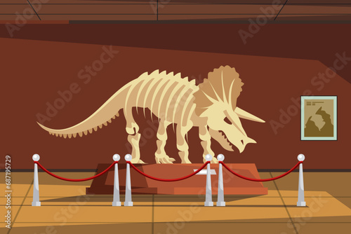 Paleontology museum with dinosaur fossils vector illustration. Cartoon paleontological exhibition with prehistoric triceratops skeleton. Historical artefacts and sculls on pedestals. Science concept