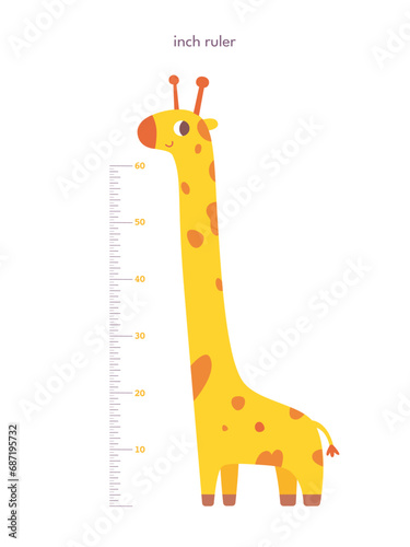 Kids height ruler in inches with giraffe for growth measure. Cute cartoon cheerful tall animal vector illustration isolated on white background. Children wall sticker for kindergarten or home