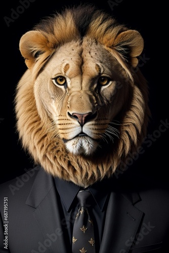a lion wearing a suit with a tie and a tuxedo