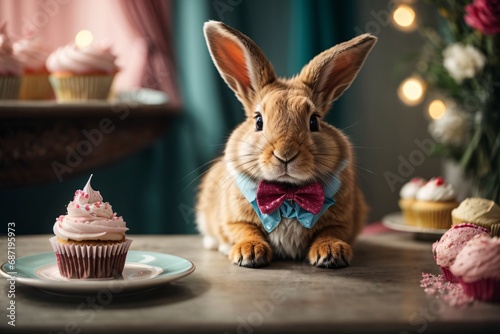 cute rabbit wearing a bow tie and sitting next to a sweet cupcake.