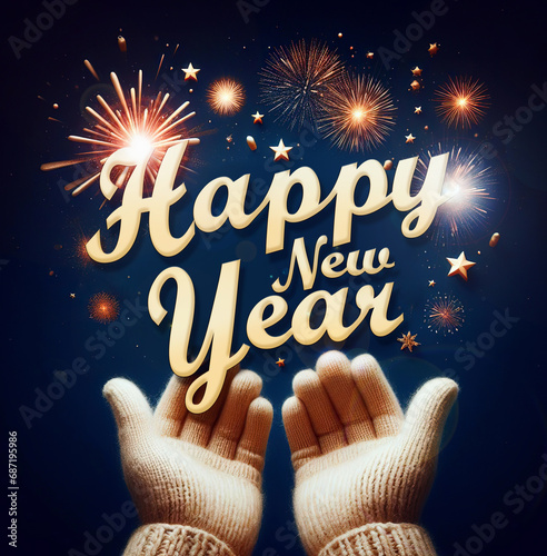 A person in knitted mittens holds the inscription Happy New Year against the background of fireworks