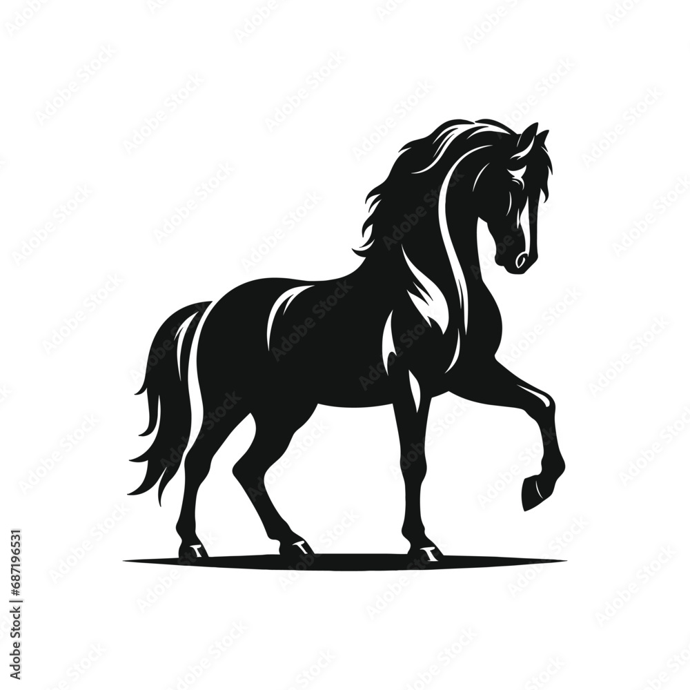 A black and white vector illustration of a galloping horse