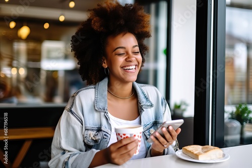 Smiling young woman enjoying coffee and using electronic devace in cafe, Student has coffee break at cafe. Communication, business casual, lifestyle, work or study connection, mobile apps, technology photo