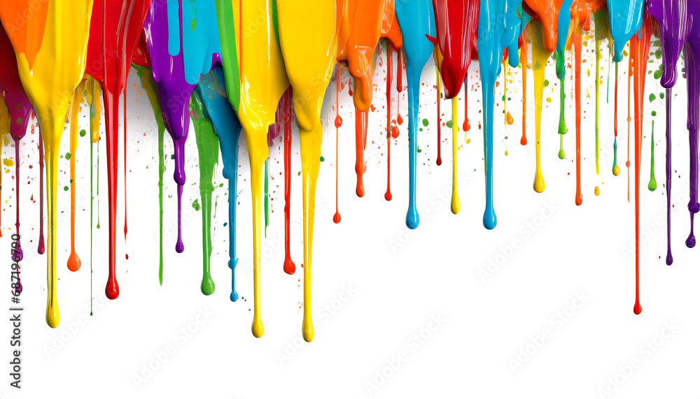 colorful paint dripping down on white background - obrazy, fototapety, plakaty 