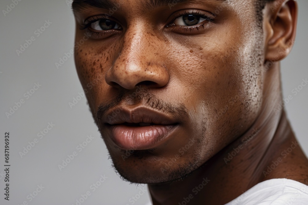 Fototapeta premium Close-up cropped portrait of a handsome black man looking directly into the camera. A strong look, a model on a gray background.