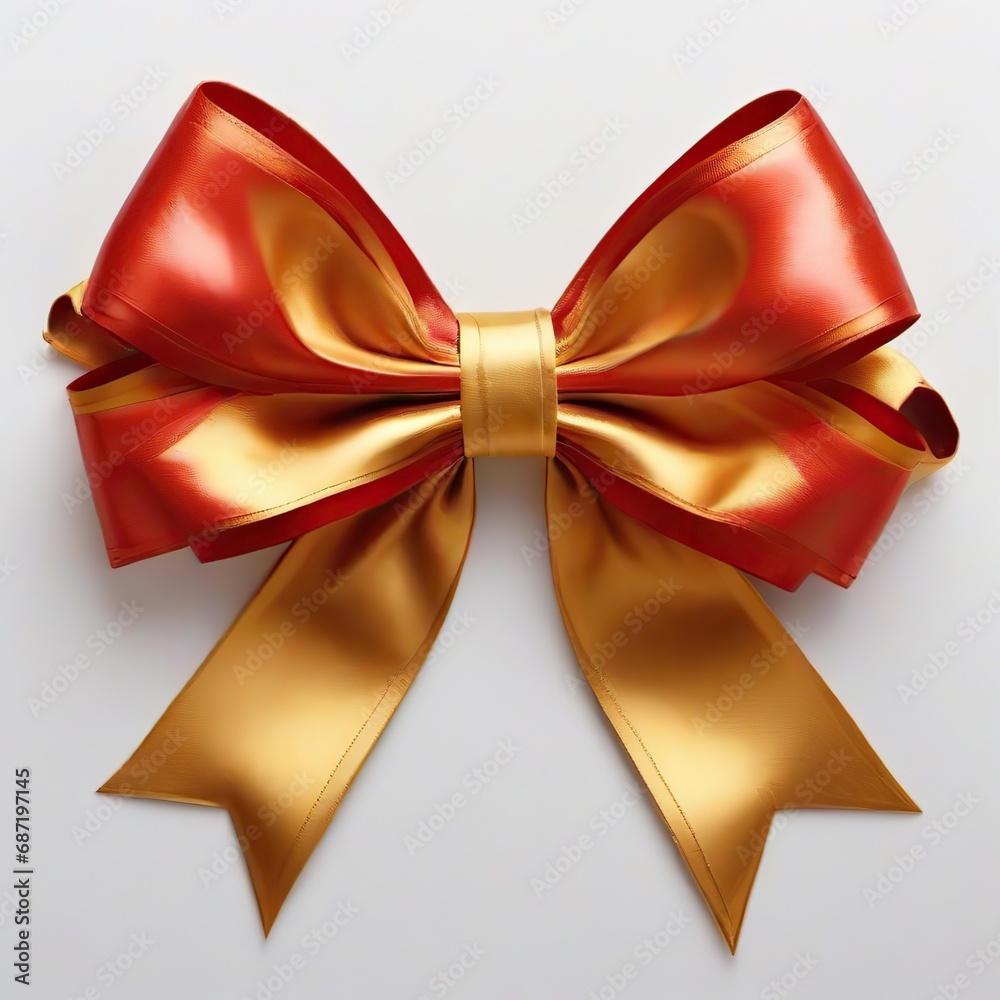 Decorative big golden red bow on a white background. 