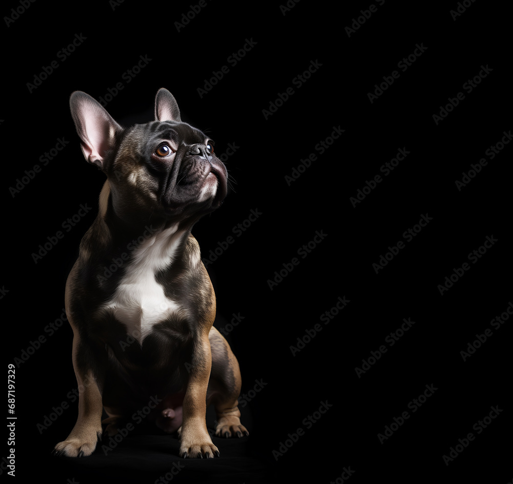 Portrait of French Bulldog looking up on black background with copy space