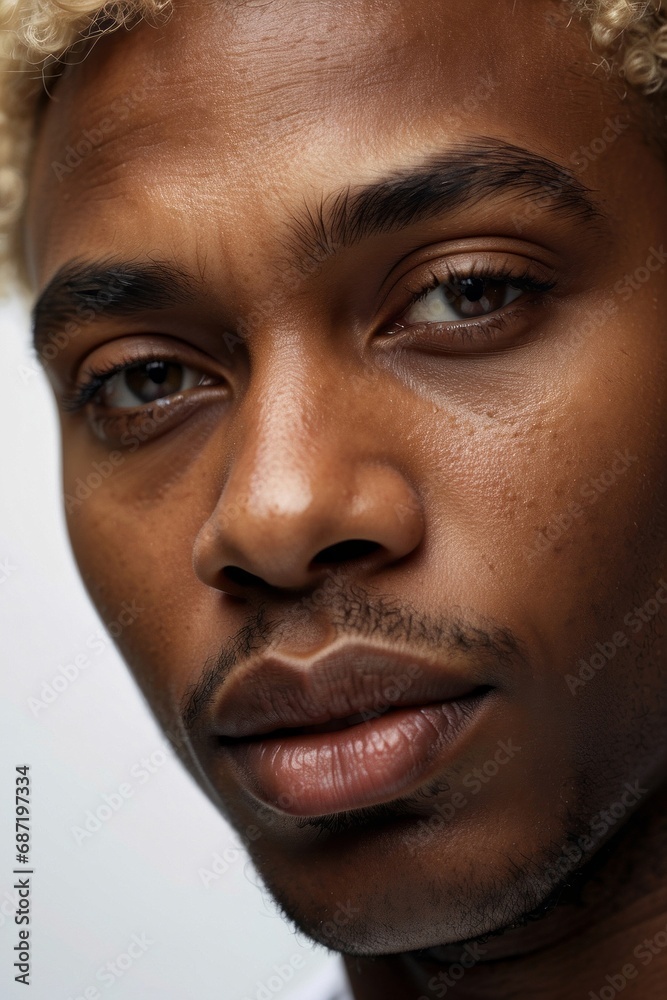 Fototapeta premium Close-up of the head, the face of a portert handsome African-American blond man with short dreadlocks looking directly into the camera. Model, care, beauty, fashion concepts.