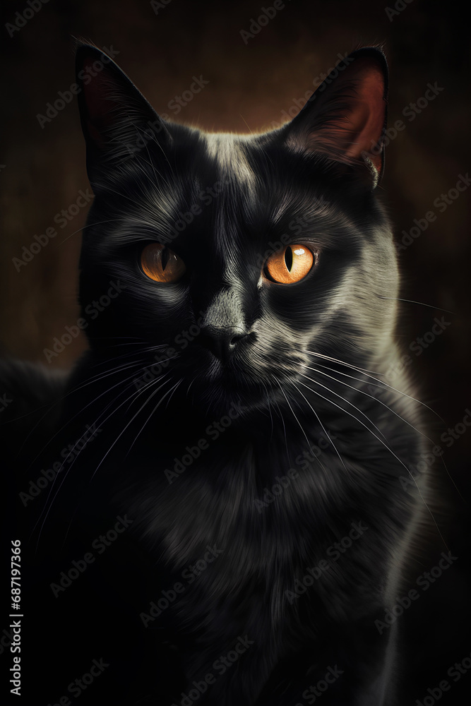 Portrait of black cat with orange eyes on a dark background