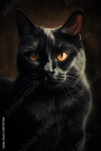 Portrait of black cat with orange eyes on a dark background