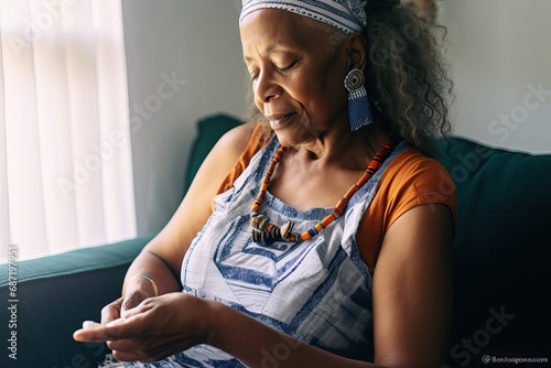 Managing type 1, 2 diabetes: Woman injecting herself with insulin at home, chronic disease, insulin treatment, female taking glucose medication or medicine to control blood sugar levels photo