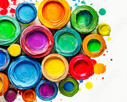 Colorful paint splashes isolated on white background. Top view.
