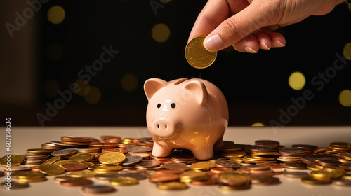 Hand inserting a coin into a piggy bank, symbolizing personal savings and financial planning.