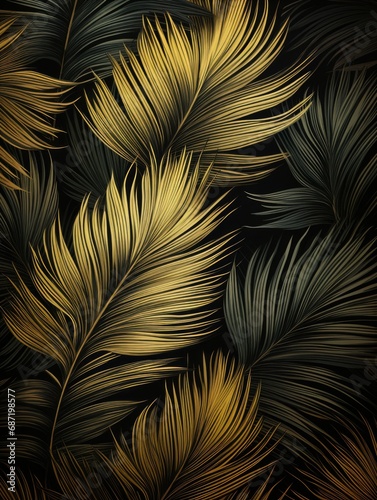 Pattern with gold and dark green tropical palm leaves on dark background. Exotic botanical background design