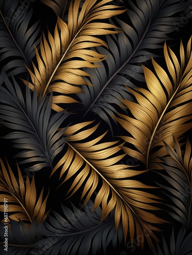seamless pattern with gold and black tropical leaves on dark background. Exotic botanical background design