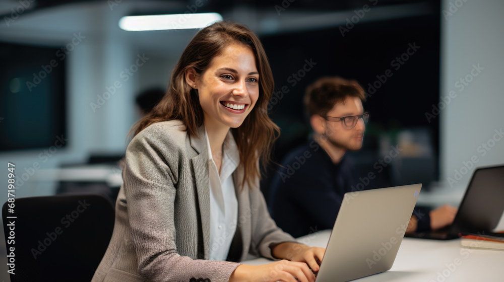 Happy woman working on a laptop in the office Happy woman working on a laptop in the office
