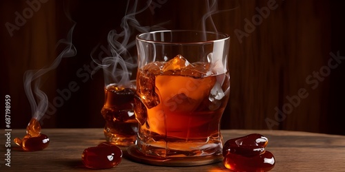 SMOKED WOODFORD RESERVE BOURBON, ORANGE, CHERRY BITTERS, LUXARDO CHERRY on the wooden table with bokeh lights background with copy space photo