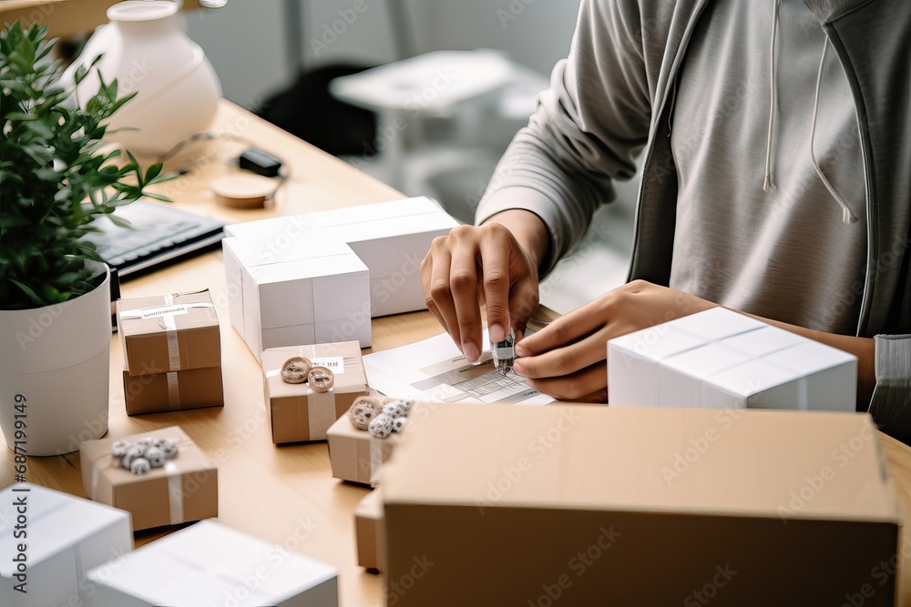 Preparing online orders for shipping, hands taping a cardboard box, preparing it for shipment in an e-commerce warehouse