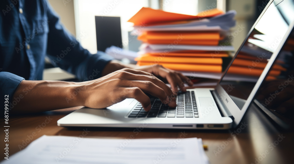 Close-up of a man's hands typing on a laptop keyboard, with a stack of paperwork beside them Close-up of a man's hands typing on a laptop keyboard, with a stack of paperwork beside them