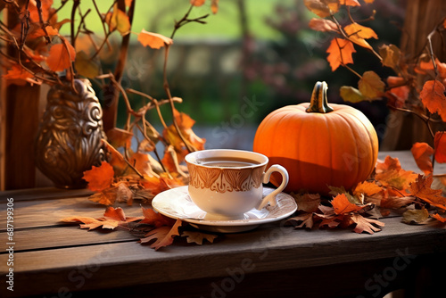 Cup of coffee, pumpkins and fallen leaves on a wooden table in the garden