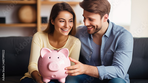 Smiling couple sitting on a sofa, holding a pink piggy bank together, symbolizing financial planning and savings in a domestic setting.