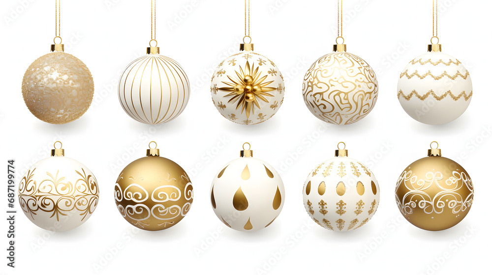 set of white and gold realistic christmas decorations.