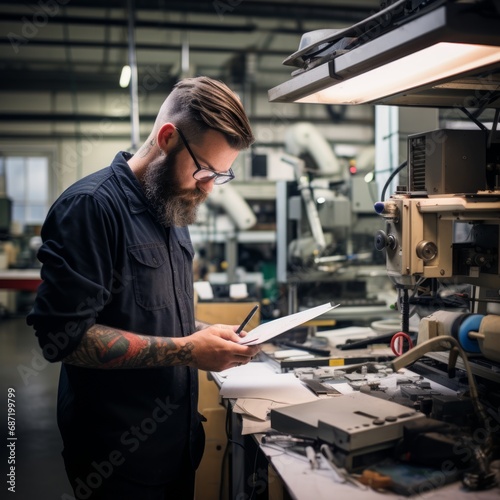 a man writing on a clipboard in a factory