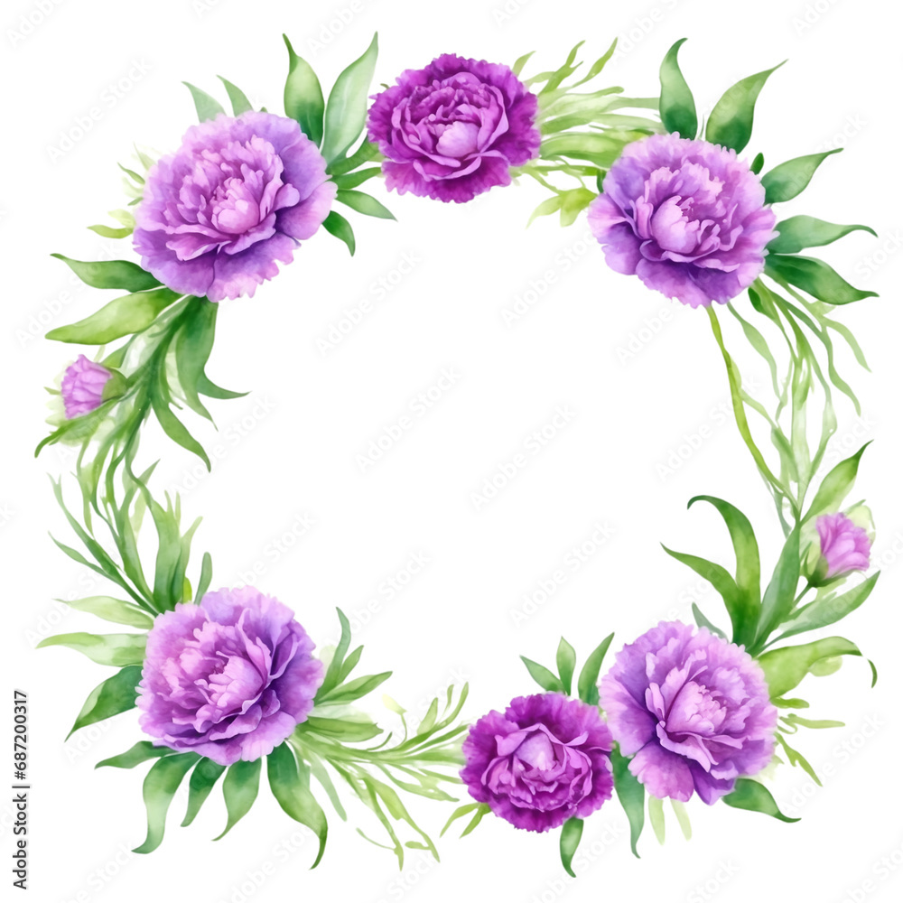 Watercolor illustration purple carnation flowers with green vivid leafs border. Creative graphics design.