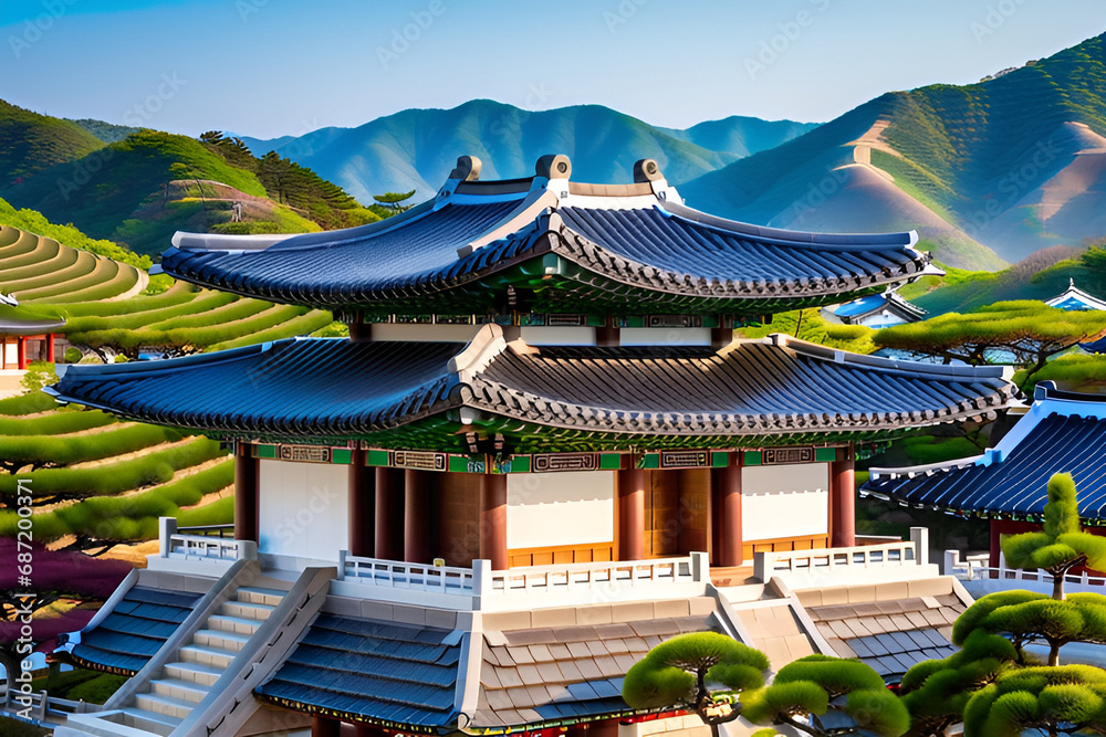 Nestled against a backdrop of rolling hills, the unique architecture of Korean temples with their dynamic tiled roofs creates a mesmerizing scene. Generative AI.
