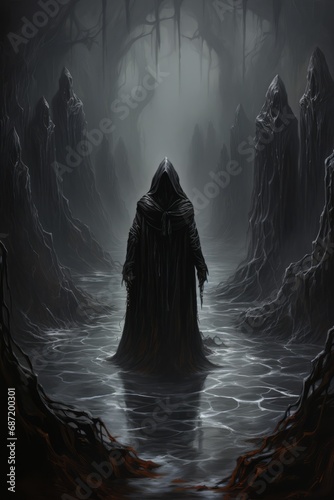 a person in a black robe standing in a dark forest