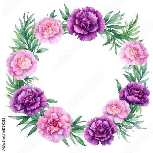 Watercolor illustration purple carnation flowers with green vivid leafs border. Creative graphics design.