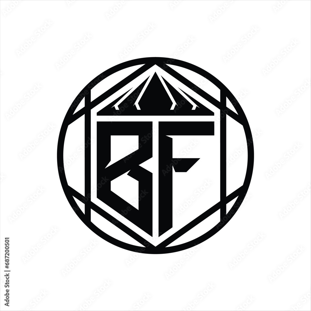 BF Letter Logo monogram hexagon slice crown sharp shield shape isolated circle abstract style design BF Letter Logo monogram hexagon slice crown sharp shield shape isolated circle abstract style design