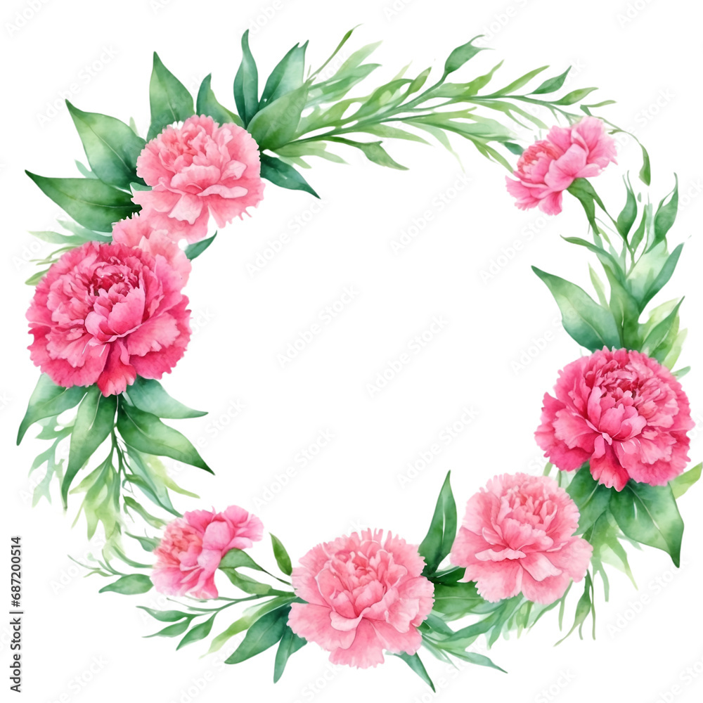 Watercolor illustration pink carnation flowers with green vivid leafs border. Creative graphics design