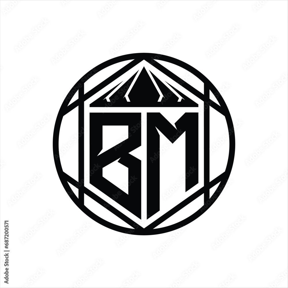 BM Letter Logo monogram hexagon slice crown sharp shield shape isolated circle abstract style design BM Letter Logo monogram hexagon slice crown sharp shield shape isolated circle abstract style design