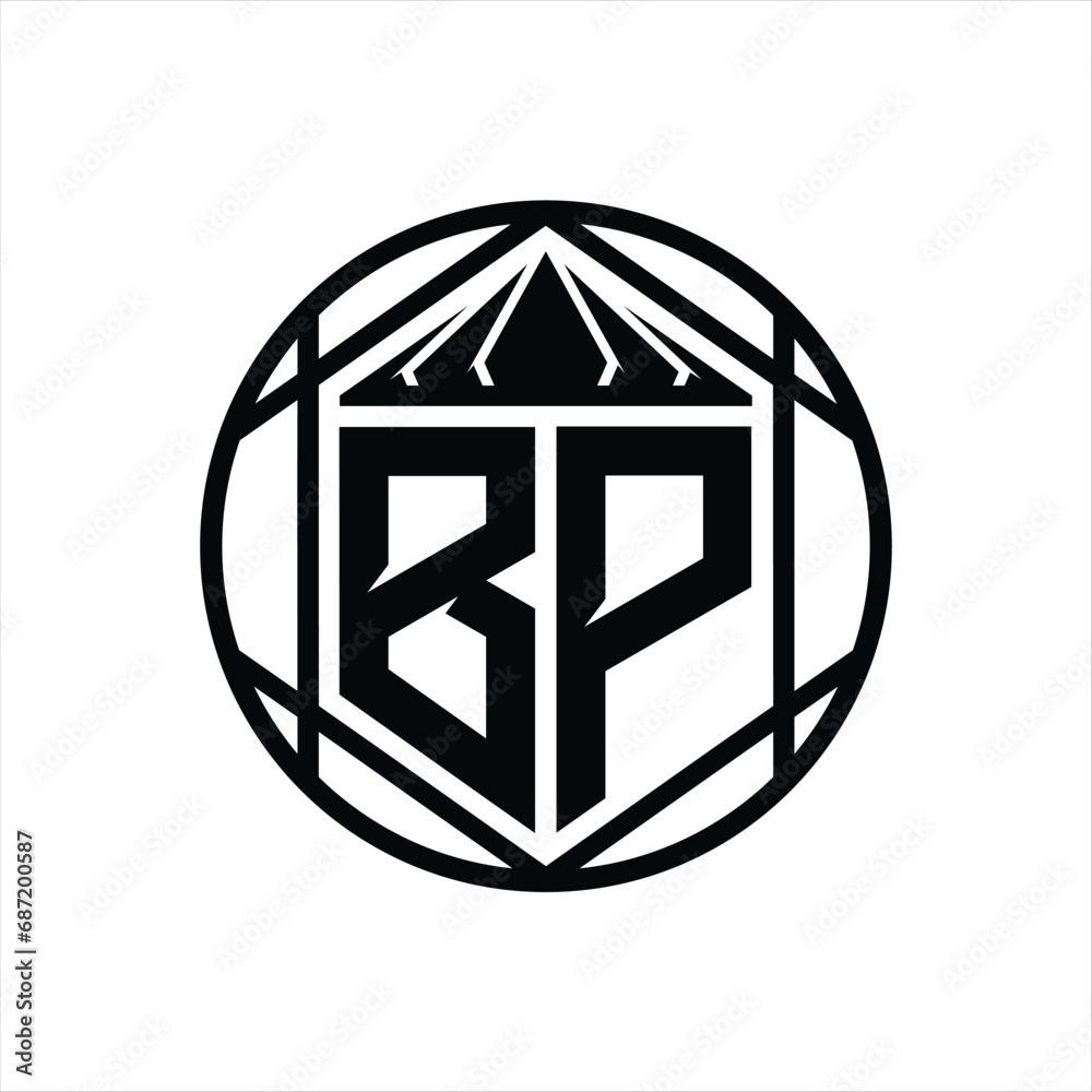 BP Letter Logo monogram hexagon slice crown sharp shield shape isolated circle abstract style design BP Letter Logo monogram hexagon slice crown sharp shield shape isolated circle abstract style design