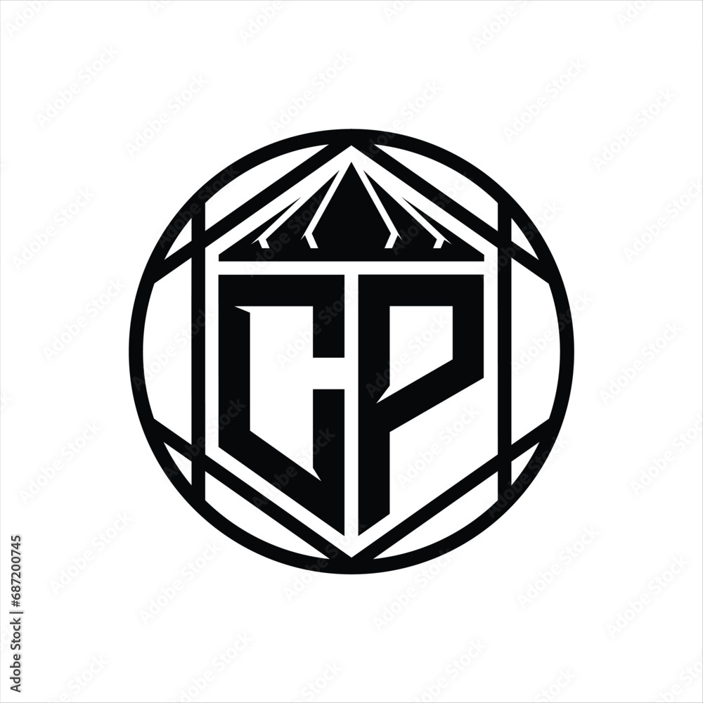 CP Letter Logo monogram hexagon slice crown sharp shield shape isolated circle abstract style design CP Letter Logo monogram hexagon slice crown sharp shield shape isolated circle abstract style design
