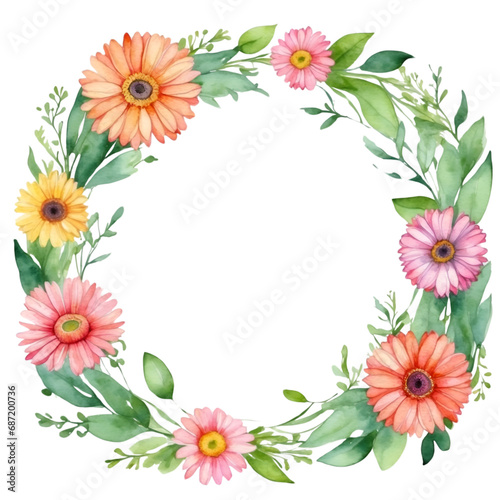 Watercolor illustration colorful transvaal daisy flowers with green vivid leafs border. Creative graphics design.