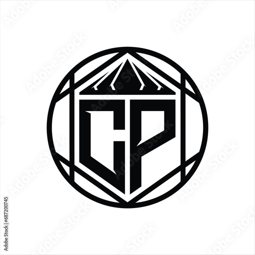 CP Letter Logo monogram hexagon slice crown sharp shield shape isolated circle abstract style design