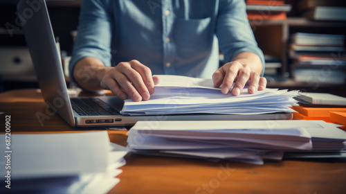 Close-up of a man working with a stack of documents and reports on his office desk