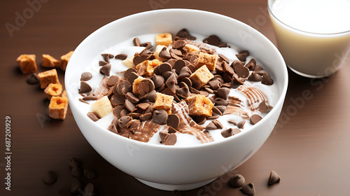 Tazón de cereales con chocolate, frutas y yogur