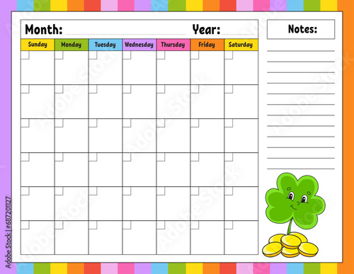 Blank calendar template for one month without dates. Colorful design with a cute character. Vector illustration.
