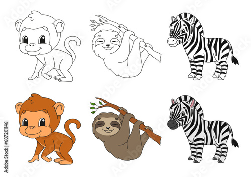 Set coloring page for kids. Cute cartoon characters. Black stroke. With sample. Bright stickers. Vector illustration.