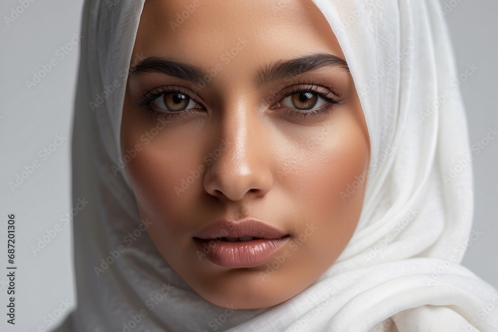 Close-up portrait of a beautiful Arab Muslim woman wearing a white headscarf, hijab and looking directly into the camera on a white background. Care, cosmetics, beauty, youth concepts. Close-up portrait of a beautiful Arab Muslim woman wearing a white headscarf, hijab and looking directly into the camera on a white background. Care, cosmetics, beauty, youth concepts.