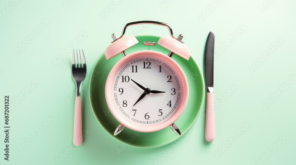 Clock placed on a plate flanked by a fork and a knife , symbolizing the importance of timing in eating habits. Clock placed on a plate flanked by a fork and a knife , symbolizing the importance of timing in eating habits.
