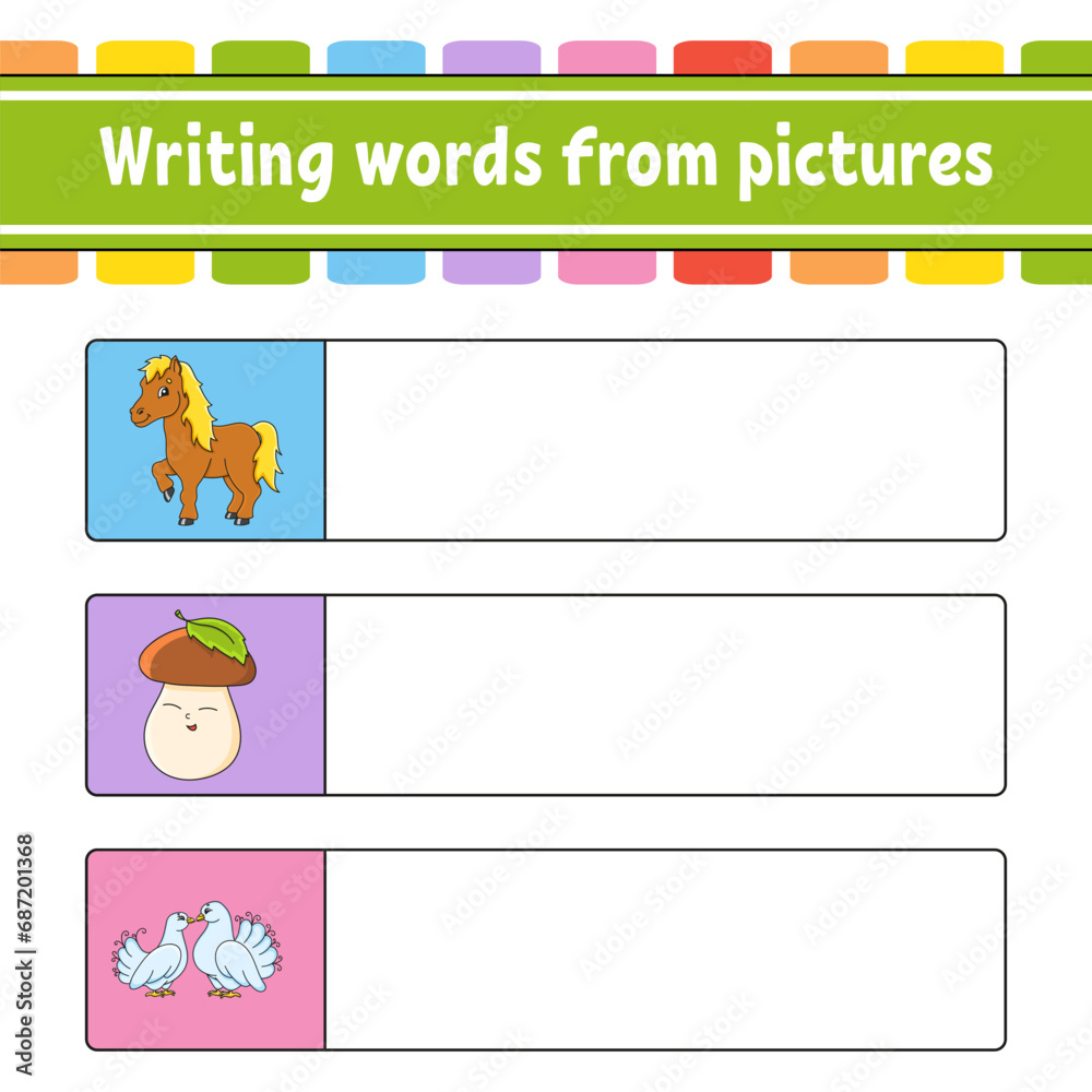 Writing words from pictures. Education developing worksheet. Activity page for kids. Puzzle for children. cartoon characters. Vector illustration. Writing words from pictures. Education developing worksheet. Activity page for kids. Puzzle for children. cartoon characters. Vector illustration.
