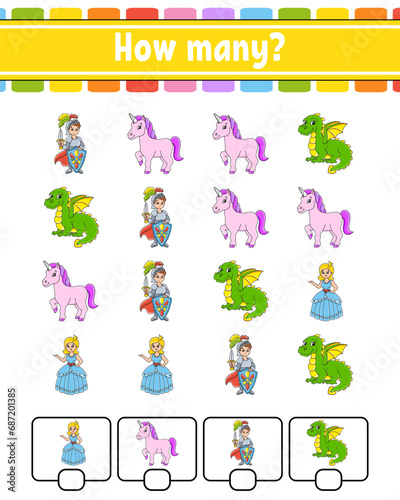 Counting game for children. Happy characters. Learning mathematics. How many object in the picture. Education worksheet. With space for answers. Vector illustration.